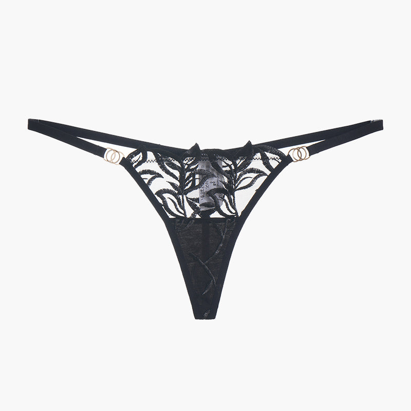 Black embroidered lace thong with floral embroidery, soft and breathable, for confidence and charm.