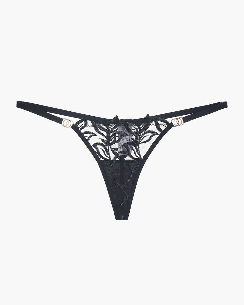 Black embroidered lace thong with floral embroidery, soft and breathable, for confidence and charm.