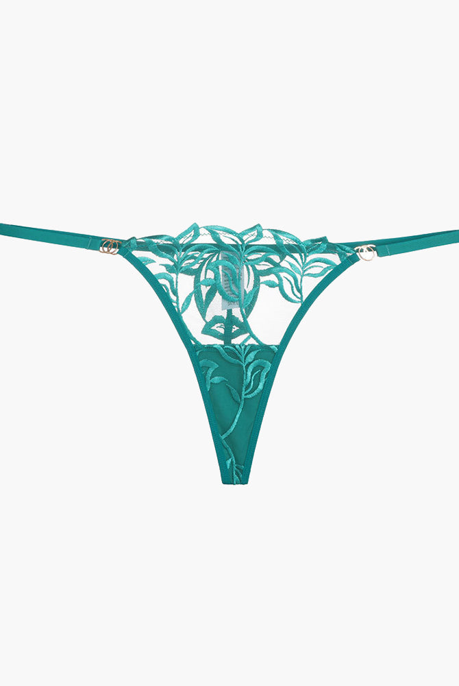 Teal embroidered lace thong with floral embroidery, soft and breathable, for confidence and charm.