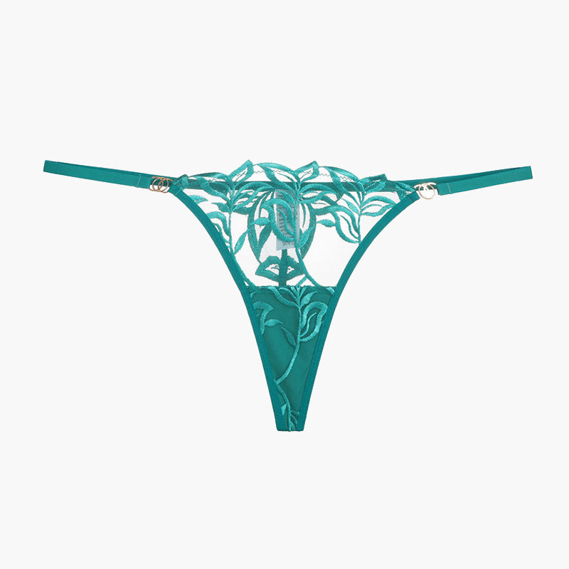 Teal embroidered lace thong with floral embroidery, soft and breathable, for confidence and charm.