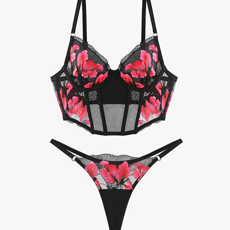 Embroidered black corset bra and thong set with pink floral details, sweet and seductive lingerie