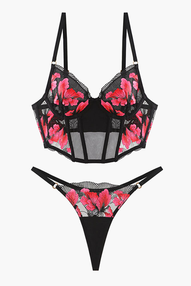 Embroidered black corset bra and thong set with pink floral details, sweet and seductive lingerie