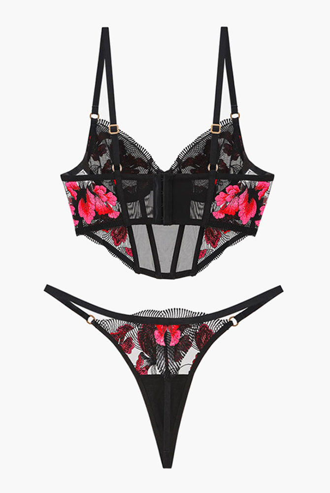 Black embroidered corset bra and thong set with pink floral details, sweet and seductive lingerie