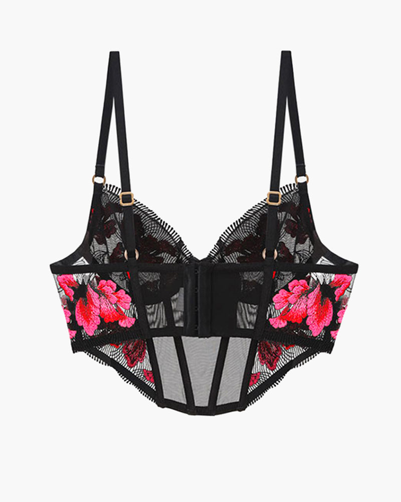Embroidered black corset bra with pink floral lace, adjustable straps, and underwire support.