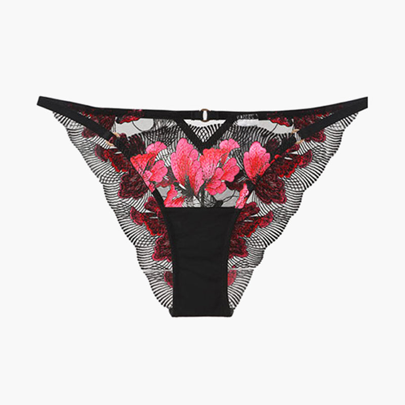 Black Embroidered Maple Leaf Panty with floral design, sweet and seductive lingerie