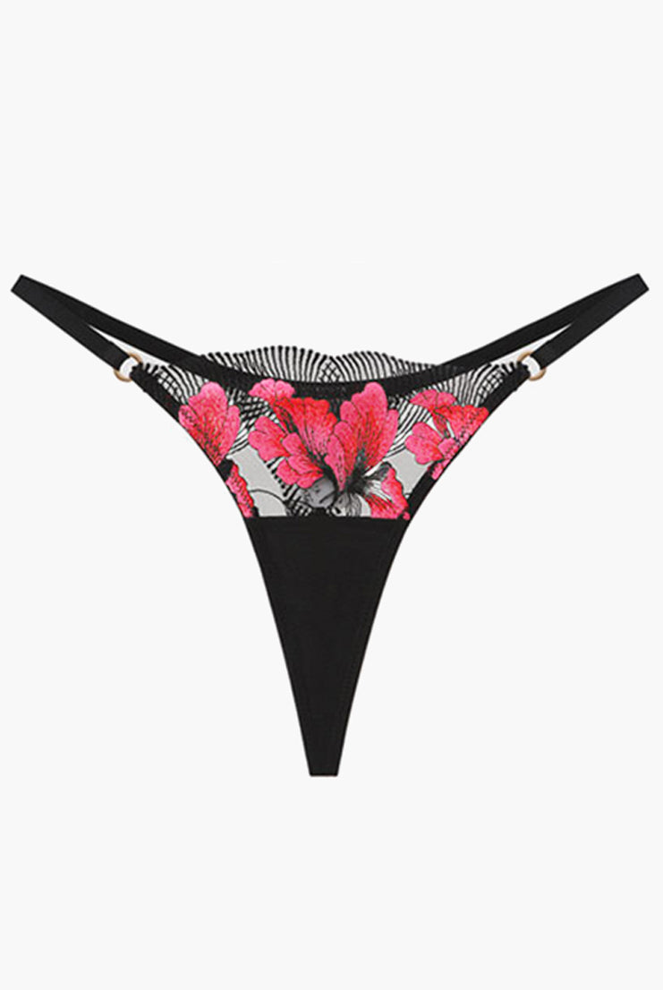 Embroidered Maple Leaf Thong in black with floral lace details, sweet yet seductive lingerie