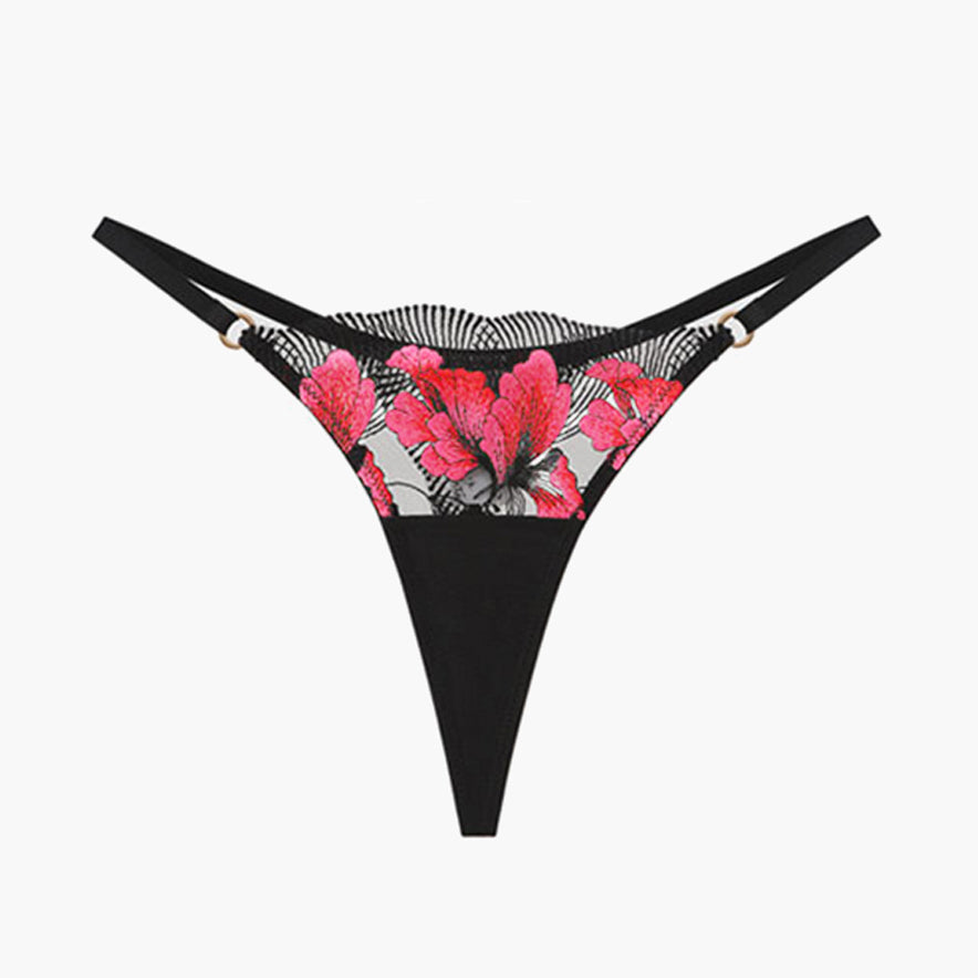 Embroidered Maple Leaf Thong in black with floral lace details, sweet yet seductive lingerie