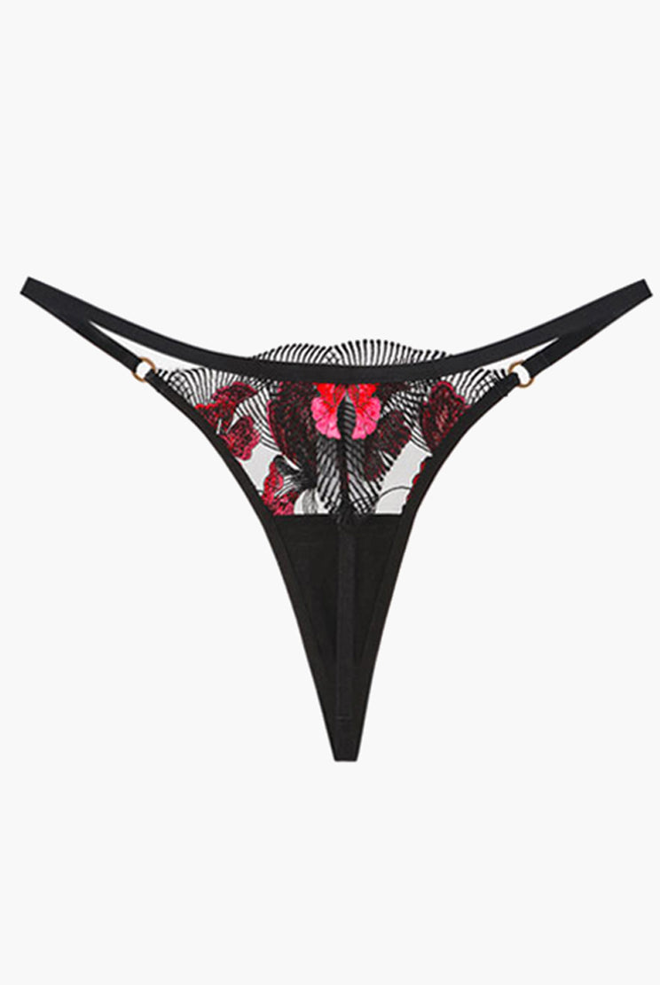Embroidered black thong with floral lace details, sweet and seductive lingerie
