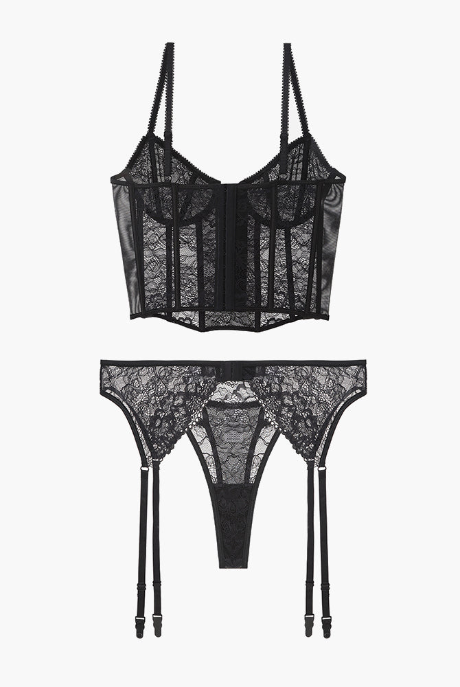 Black lace push-up corset bra and panty set with garter straps, sweet and seductive lingerie