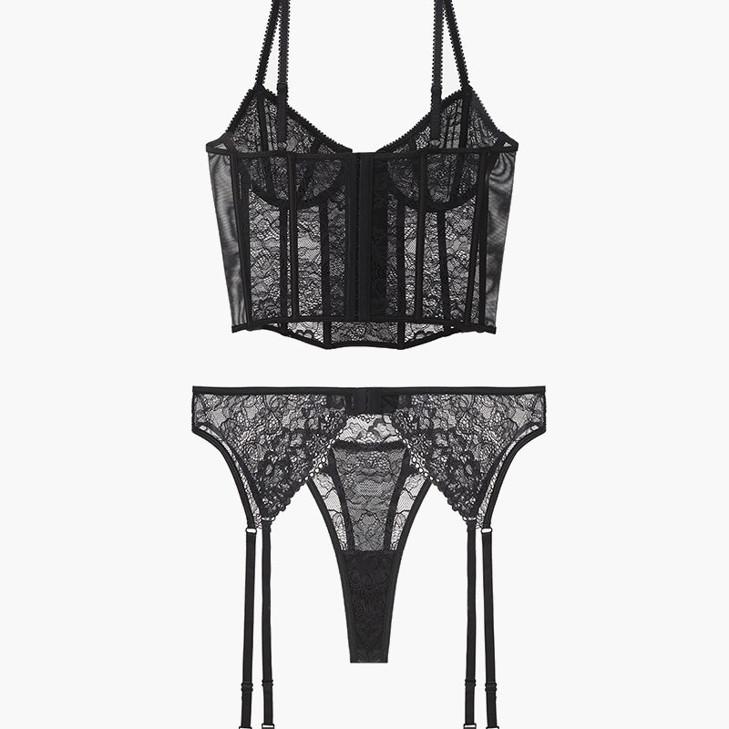 Black lace push-up corset bra and panty set with garter straps, sweet and seductive lingerie