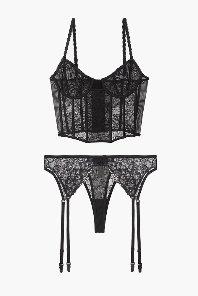 Black lace push-up corset bra and panty set, sweet and seductive lingerie with garter straps