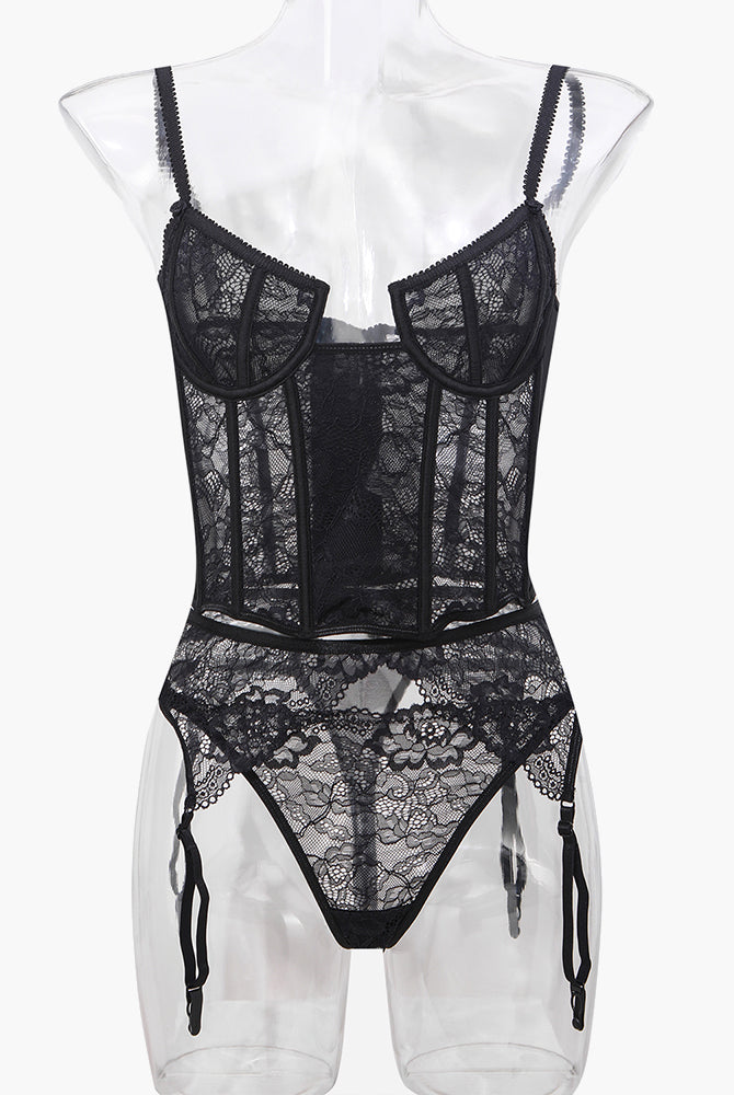 Black lace push-up corset bra and panty set with adjustable straps and delicate lace details
