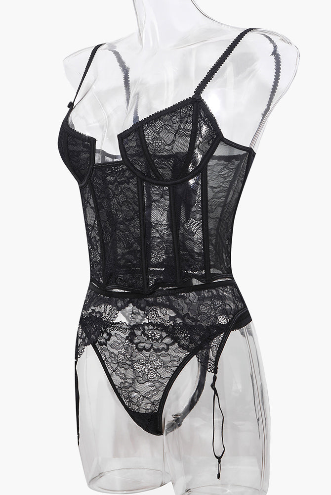 Black lace push-up corset bra and panty set with adjustable straps and delicate lace details.