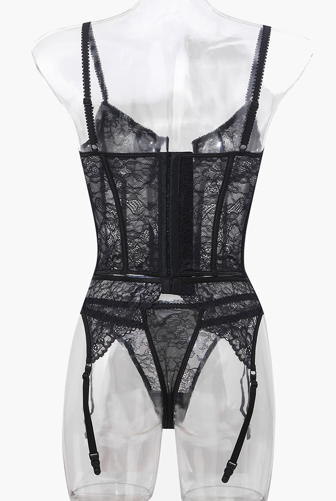 Black lace push-up corset bra and panty set with delicate lace details and adjustable straps.