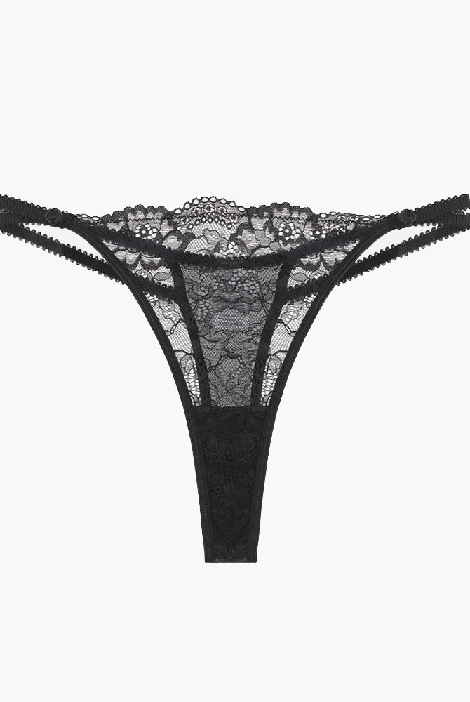 Black lace thong panty with delicate lace details, sweet and seductive lingerie for women