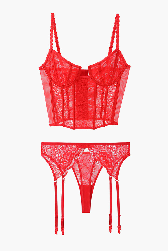 Red lace push-up corset bra and panty set, sweet yet seductive lingerie for women