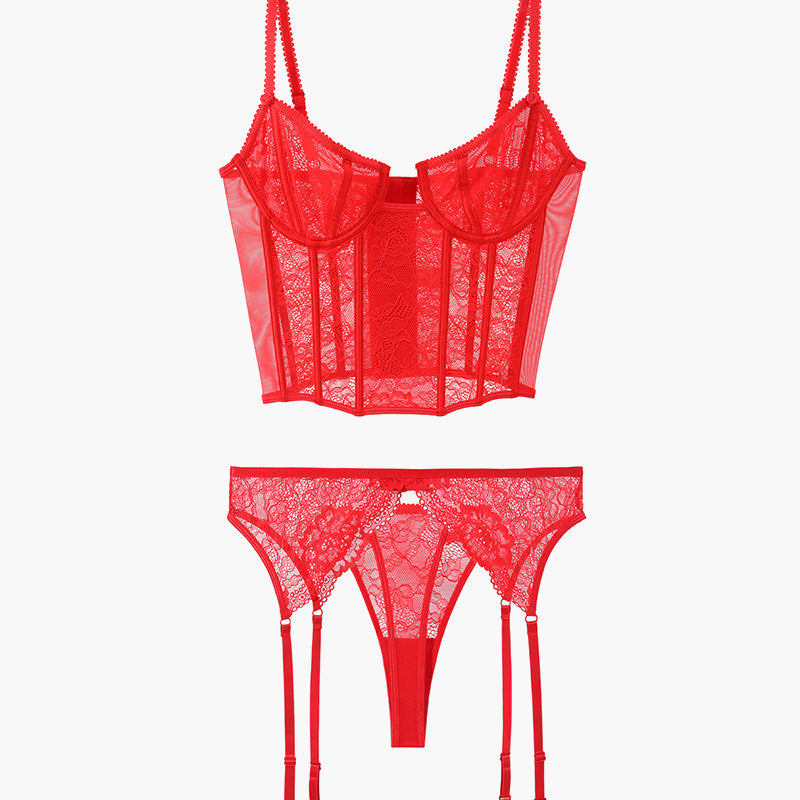 Red lace push-up corset bra and panty set, sweet yet seductive lingerie for women