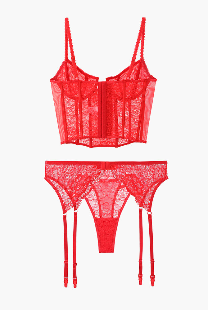 Red lace push-up corset bra and panty set, sweet and seductive lingerie for women