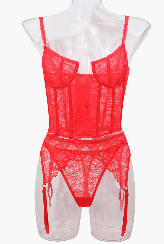 Red lace push-up corset bra and panty set with adjustable straps and delicate lace details.