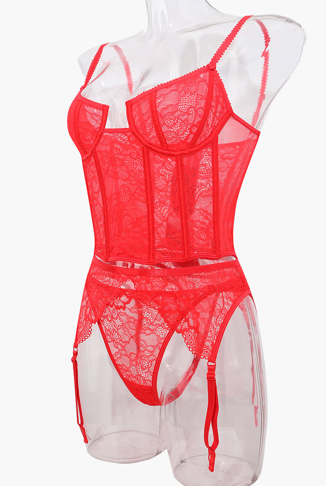 Red lace push-up corset bra and panty set with garter straps, sweet and seductive lingerie