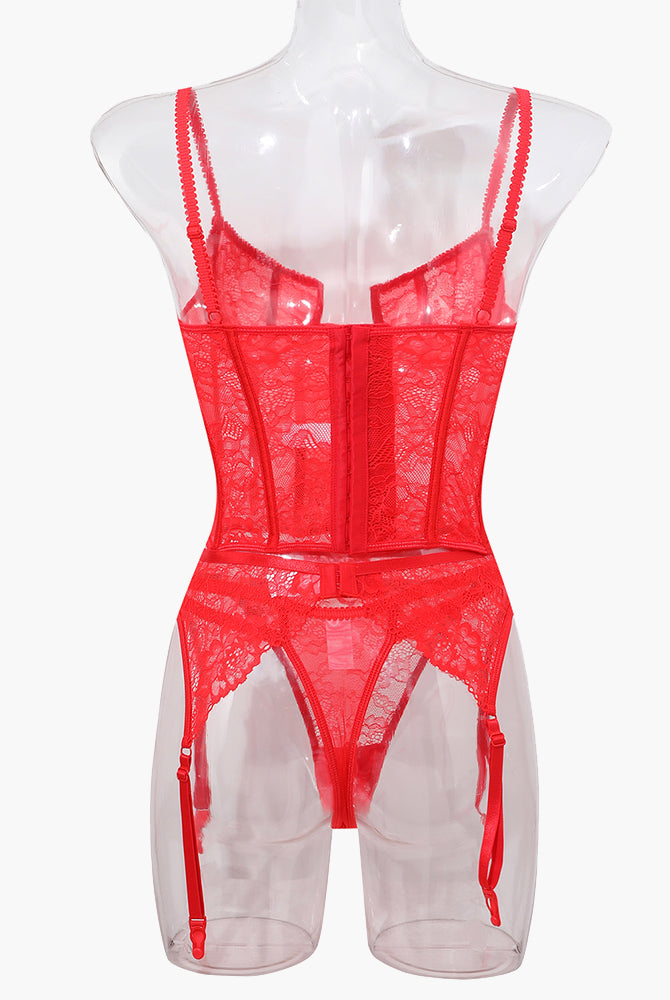 Red lace push-up corset bra and panty set with garter straps, sweet and seductive lingerie for women