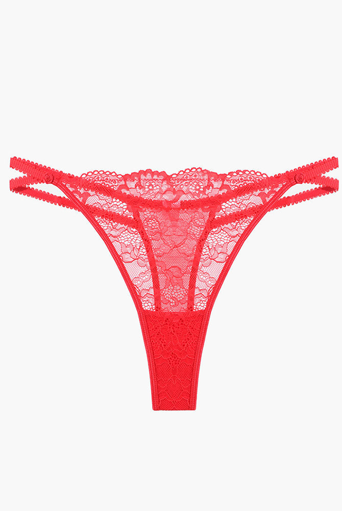 Red lace thong panty with delicate lace details, sweet and seductive lingerie for women