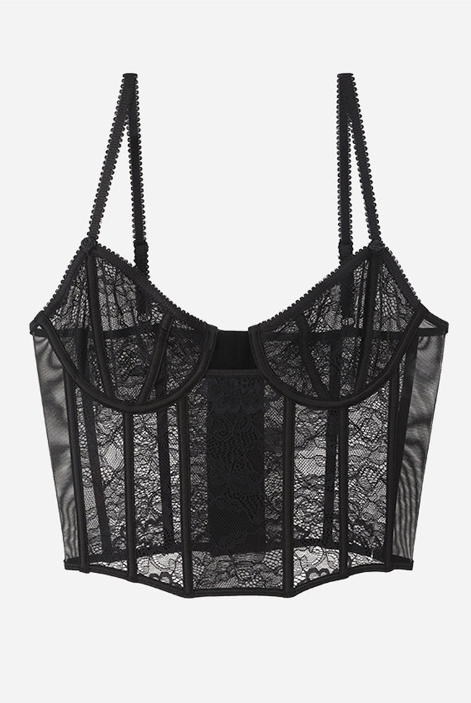 Black lace push-up corset bra with adjustable straps and underwire, sweet yet seductive design