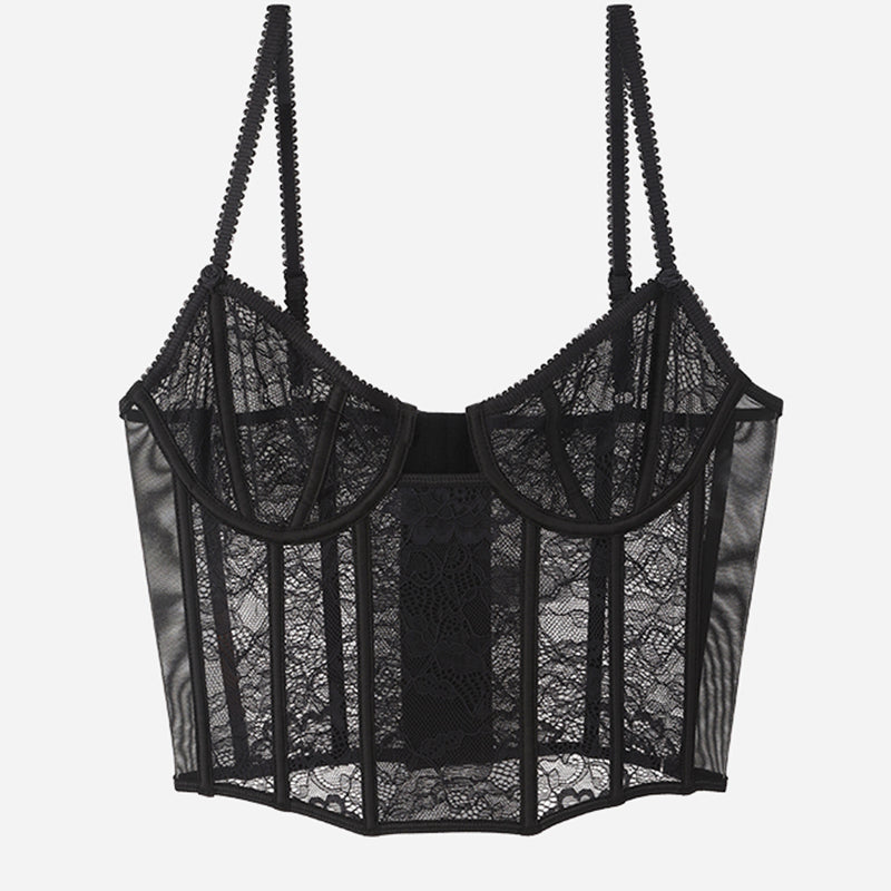 Black lace push-up corset bra with adjustable straps and underwire, sweet yet seductive design