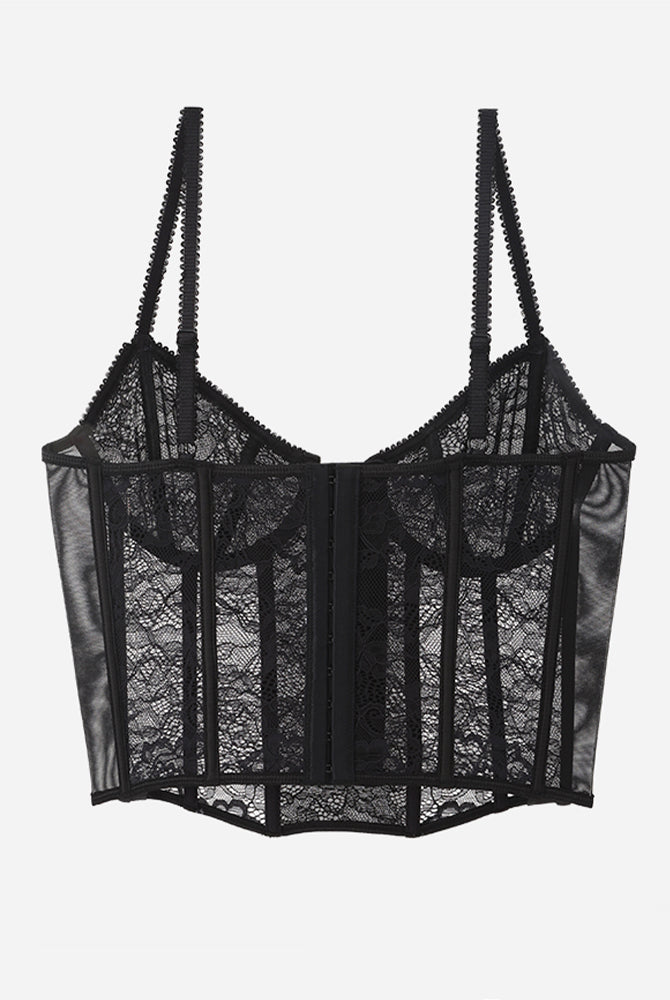Black lace push-up corset bra with adjustable straps and underwire support