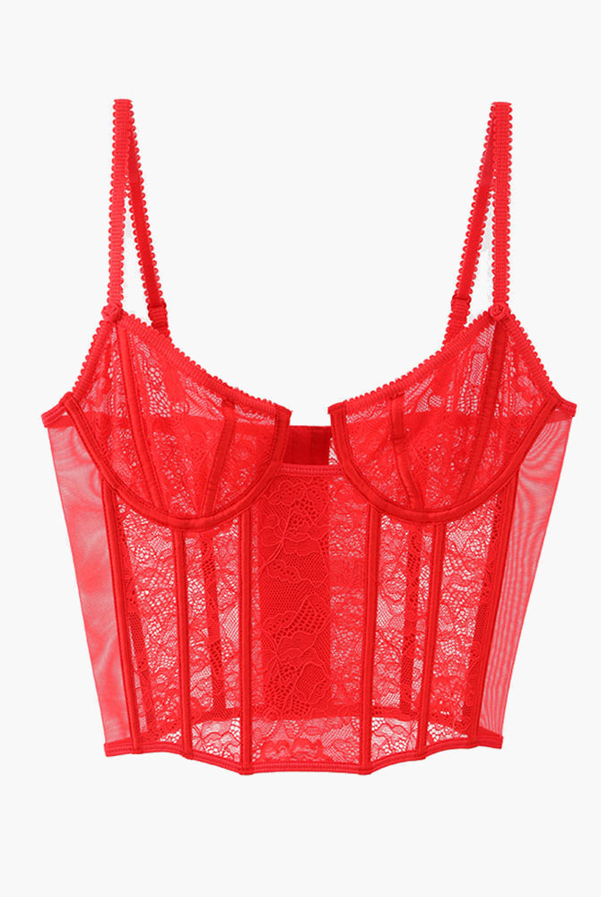 Red lace push-up corset bra with adjustable straps, perfect for a sweet yet seductive look