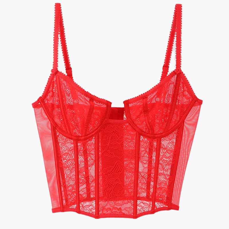 Red lace push-up corset bra with adjustable straps, perfect for a sweet yet seductive look