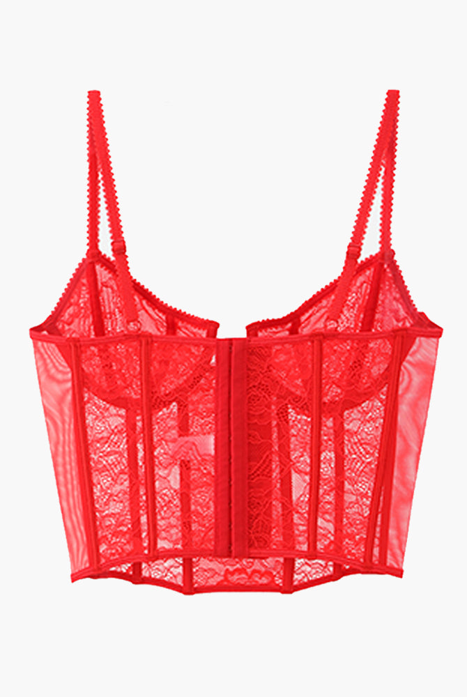 Red push-up corset bra with lace details, adjustable straps, and underwire support