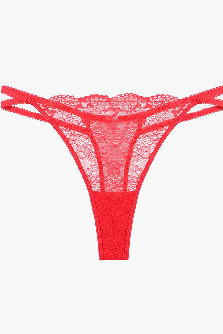 Red vintage lace thong with delicate floral lace details, offering a sweet and seductive look.