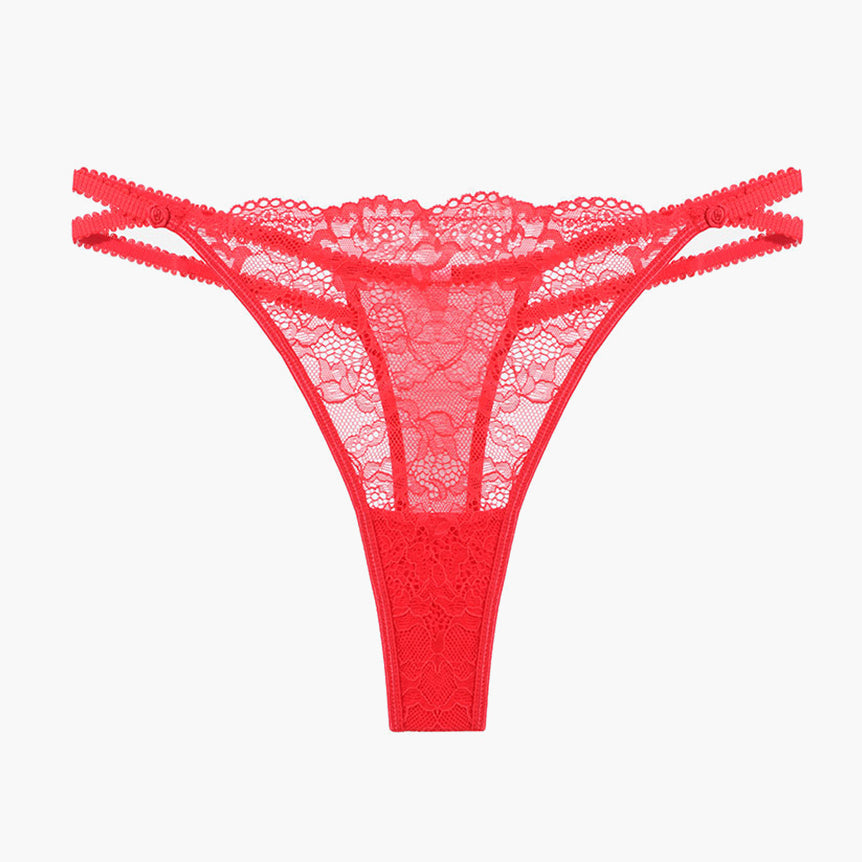 Red vintage lace thong with delicate floral lace details, offering a sweet and seductive look.