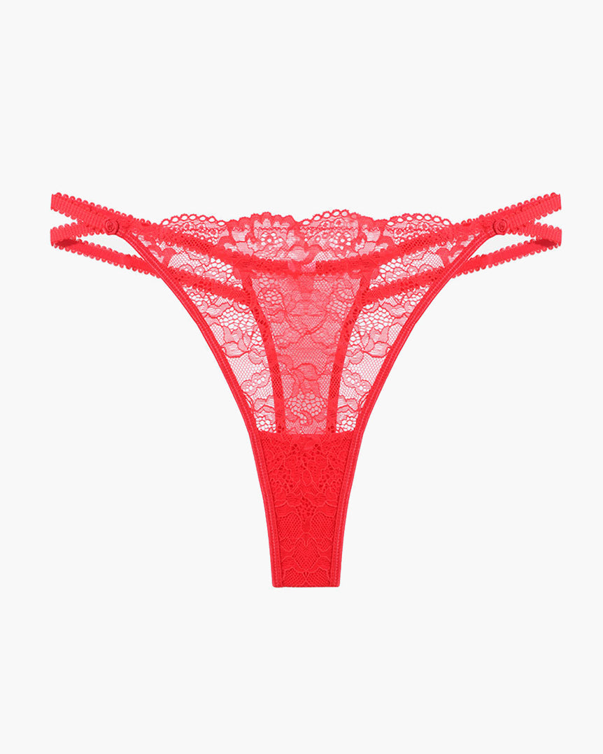 Red vintage lace thong with delicate floral lace details, offering a sweet and seductive look.