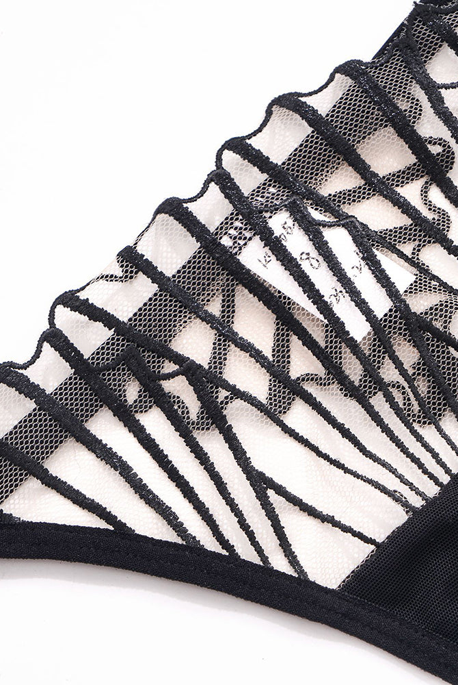 Black embroidered lace panty detail, see-through design, delicate lace, sweet and seductive lingerie