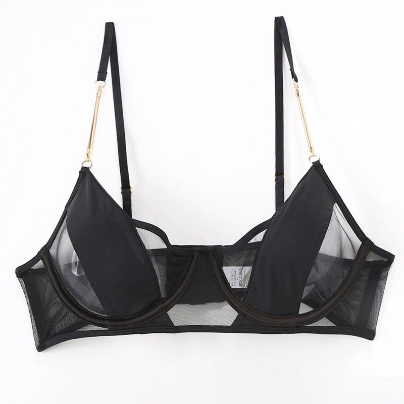 Black mesh push-up chain bra, delicate lace details, sweet and seductive lingerie.