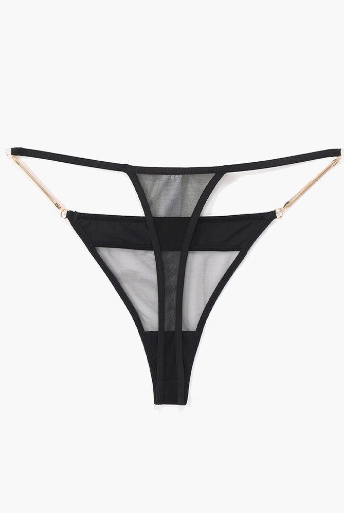 Black thin chain thong lingerie with sheer mesh and gold chain details, sweet yet seductive design