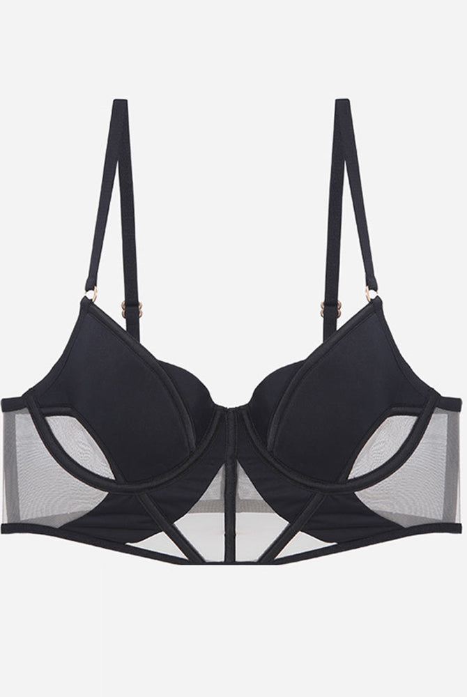 Black Push Up Mesh Hollow Bra with Adjustable Straps and Delicate Lace Details