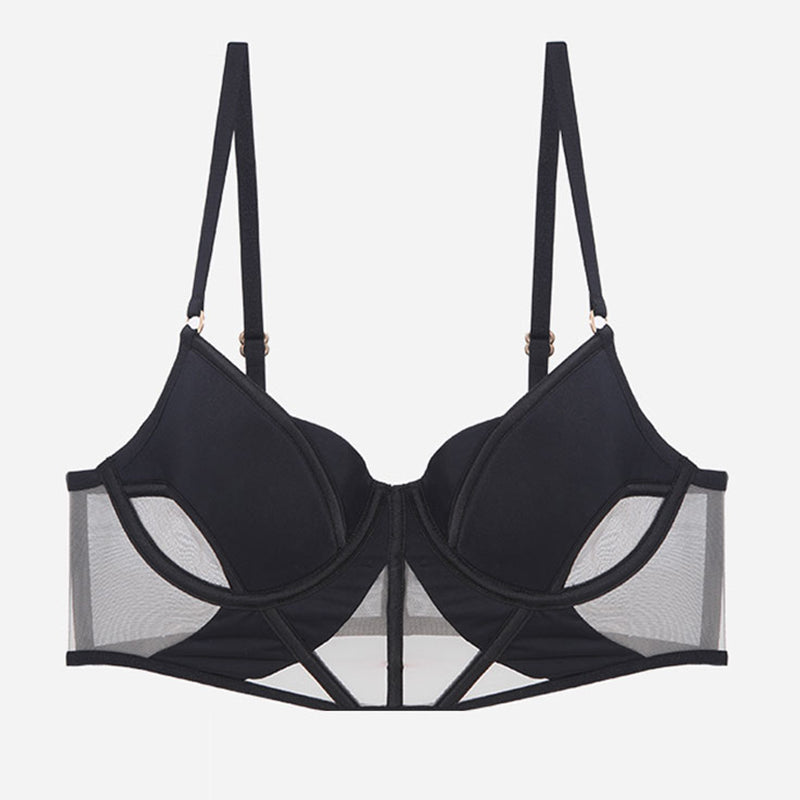 Black Push Up Mesh Hollow Bra with Adjustable Straps and Delicate Lace Details