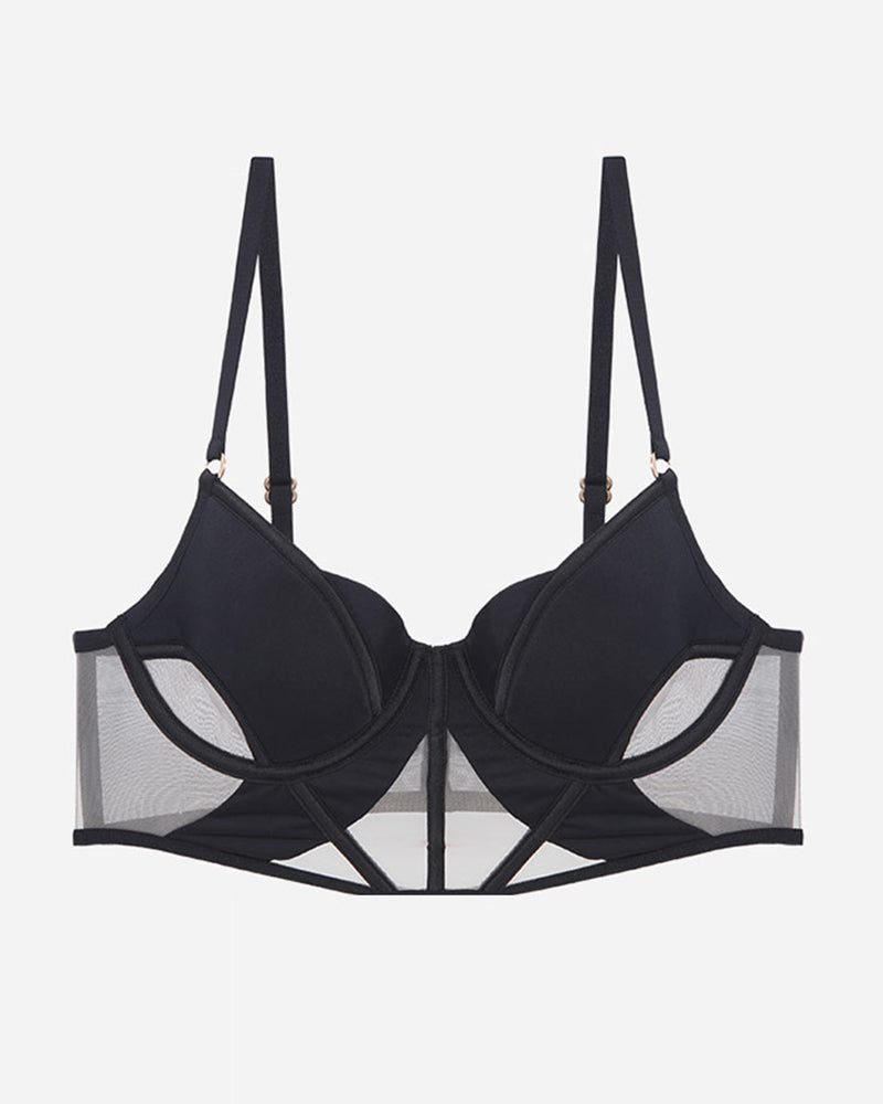 Black Push Up Mesh Hollow Bra with Adjustable Straps and Delicate Lace Details