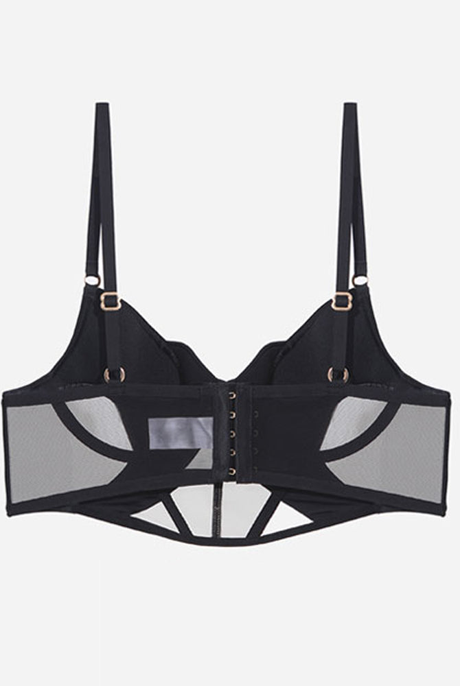 Black push-up bra with mesh hollow design, adjustable straps, and delicate lace details