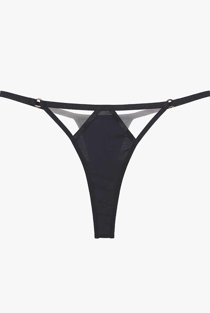 Black mesh hollow thong with delicate lace details, offering a sweet yet seductive look.