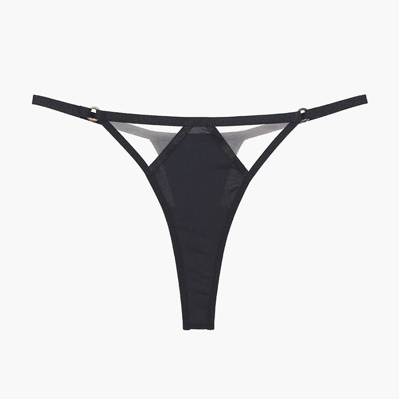 Black mesh hollow thong with delicate lace details, offering a sweet yet seductive look.