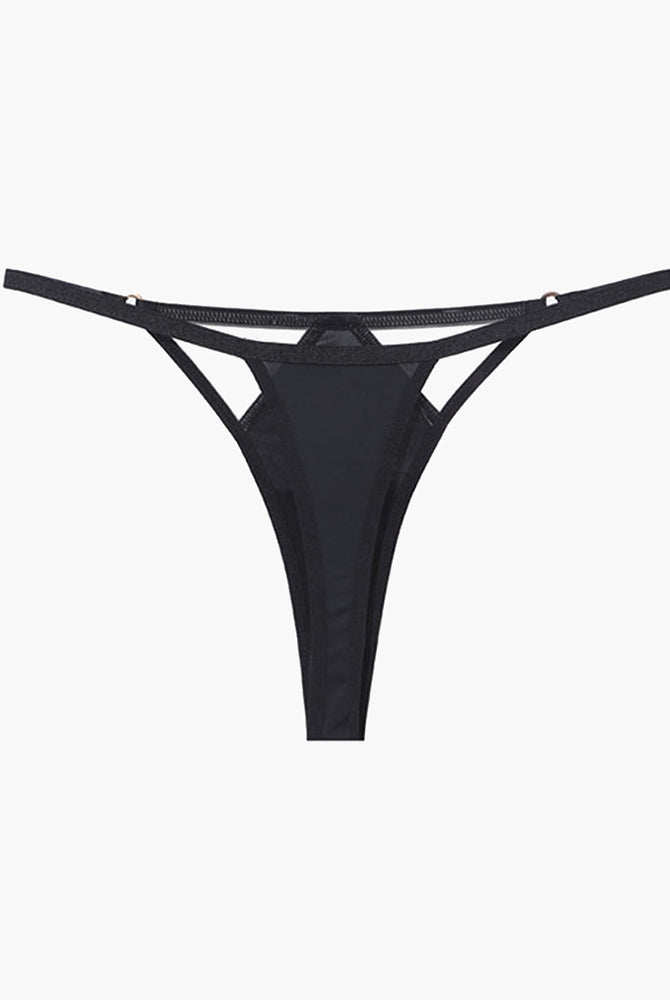 Black mesh hollow thong with delicate details, offering a sweet yet seductive look.
