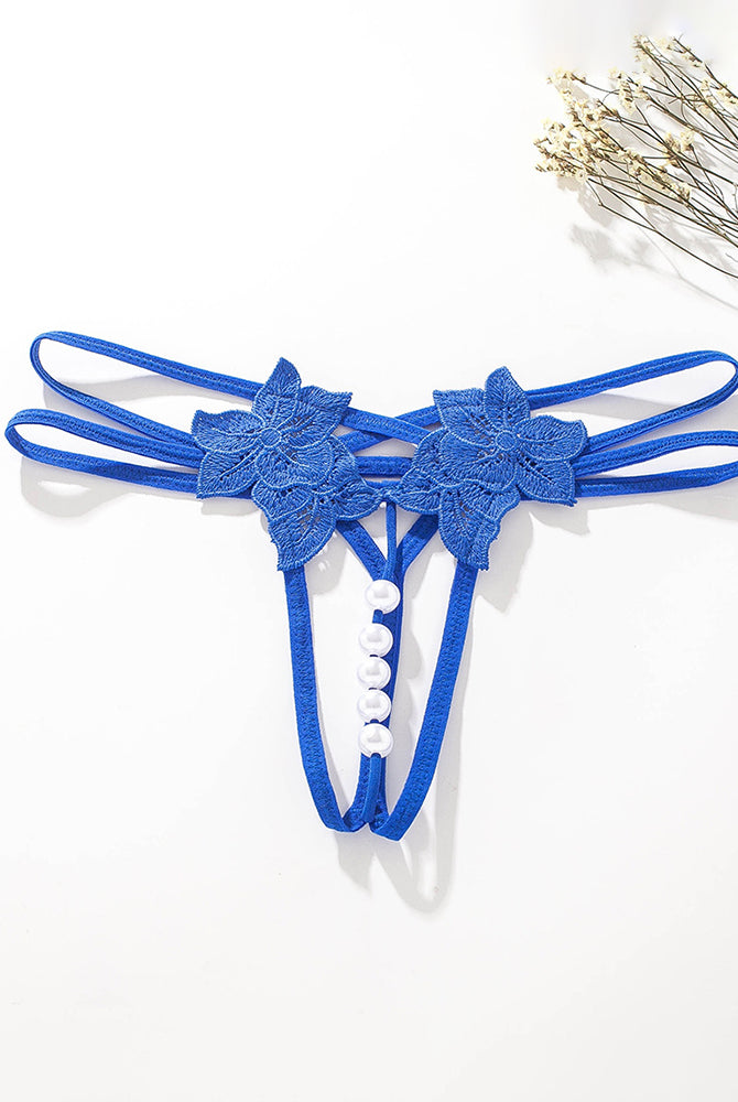 Blue Pearl Lingerie Lace Open Panties G-String with floral lace accents and faux pearl details