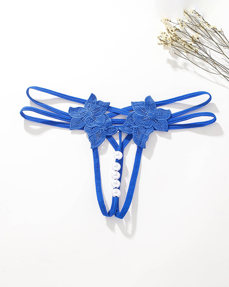 Blue Pearl Lingerie Lace Open Panties G-String with floral lace accents and faux pearl details