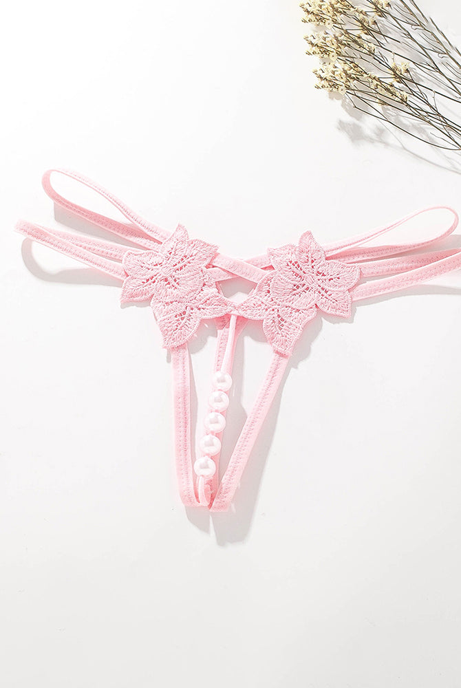 Pink Pearl Lingerie Lace Open Panties G-String with floral lace accents and faux pearl details