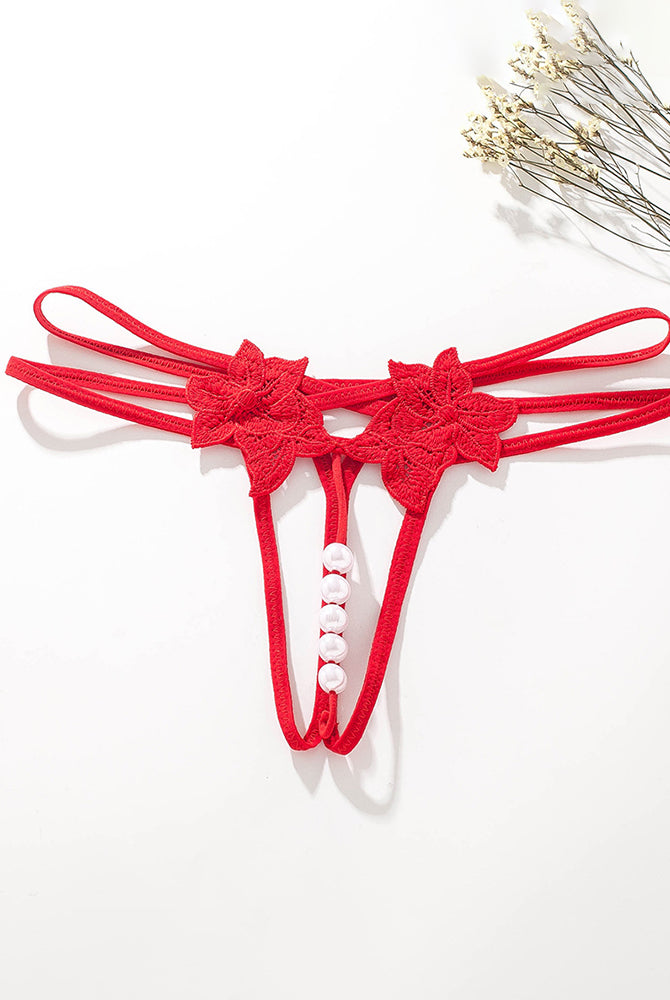 Red Pearl Lingerie Lace Open Panties G-String with floral lace accents and faux pearl details