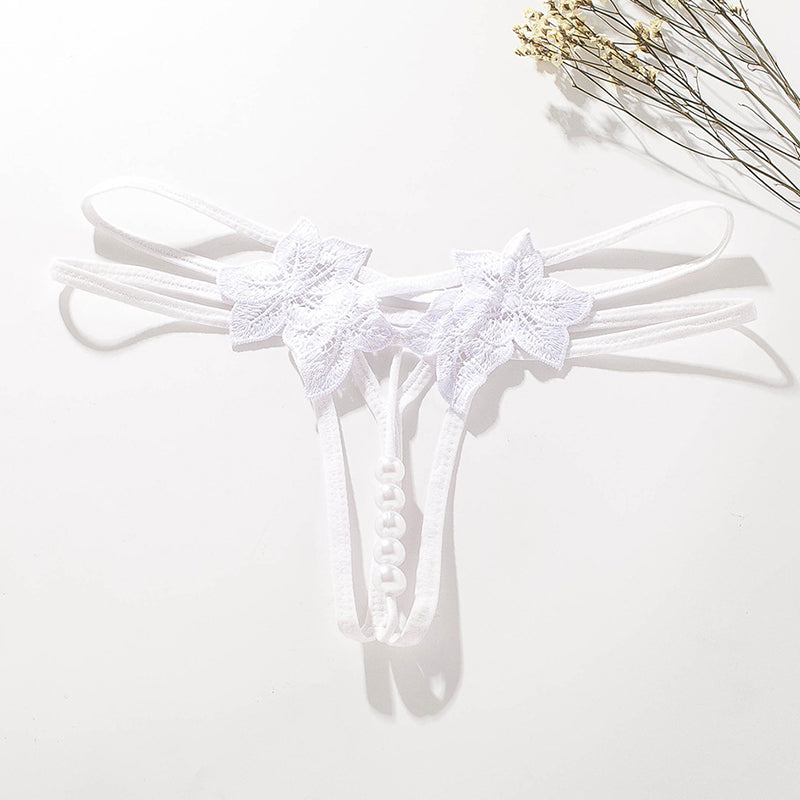 White Pearl Lingerie Lace Open Panties G-String with floral lace accents and faux pearl details